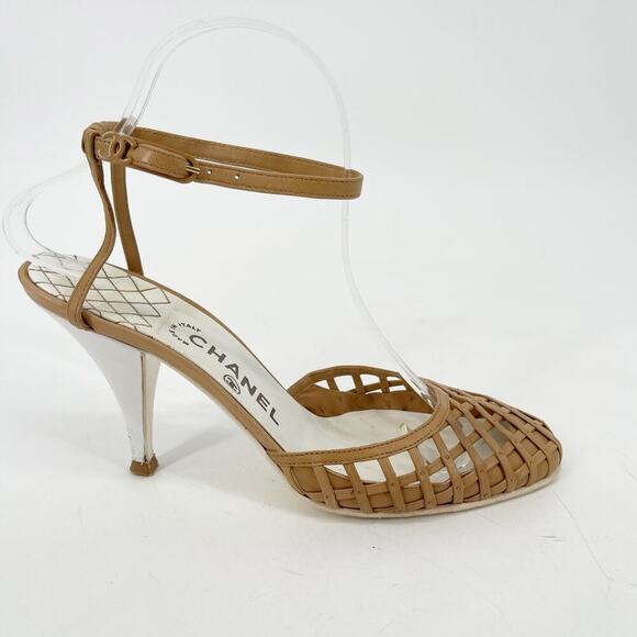 Chanel Vintage Retro Camel Tan Leather Woven Lattice Ankle Strap Heels EU 38 - Picture 2 of 14